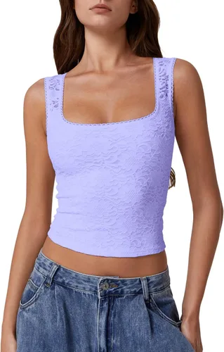 Vista 8 de QINSEN Camiseta sin mangas de doble capa con cuello cuadrado y ribete de encaje para mujer Amarillo claro