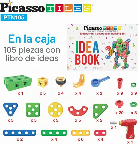 Vista 7 de PicassoTiles STEM - Juguetes de aprendizaje de 105 piezas, juego de bloques de construcción para niños, kit de ingeniería de construcción, bloques