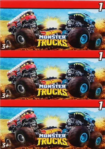 Vista 5 de Hot Wheels Monster Trucks Mini Mystery Trucks con lanzador de llaves (serie surtida), caja ciega de regalo, paquete de 3