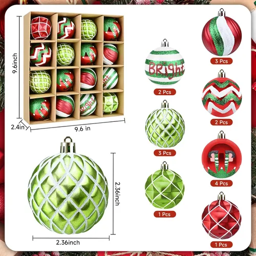 Vista 2 de 16 piezas de esferas decorativas de Navidad - Adornos de bolas rojas, verdes y blancas de 2.36", decoración navideña irrompible para árbol