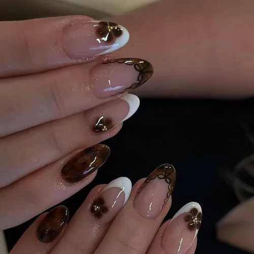 Vista 11 de MISUD Uñas a presión – Uñas con pegamento de almendras medianas con cromo, diseño de punta francesa acrílica, 24 piezas