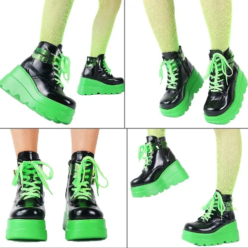 Vista 3 de CELNEPHO Botas de plataforma gruesa para mujer, puntera cuadrada, con cordones, tacón alto, tacón alto, botas de tobillo de cuña