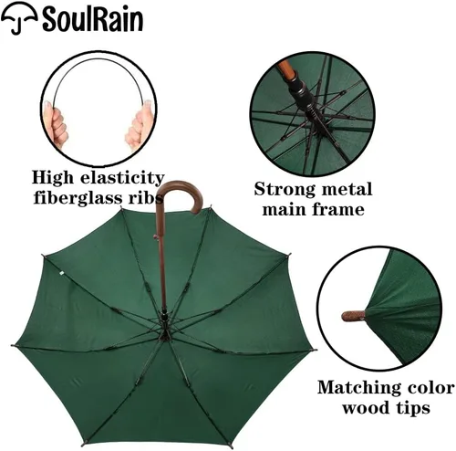 Vista 6 de SoulRain Paraguas de arco clásico con mango de madera de 48 pulgadas, apertura automática, resistente al viento, irrompible, paraguas de lluvia