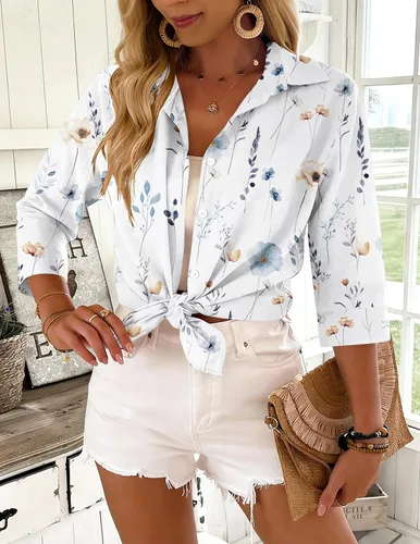 Vista 4 de Zeagoo Camisas con botones para mujer, manga 3/4, cuello en V, blusas con cuello en V, trajes casuales de negocios