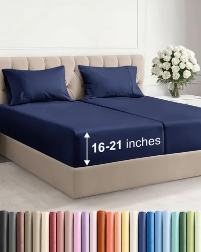 Vista 106 de Juego de sábanas tamaño Queen con bolsillos extra profundos, sábanas transpirables y refrescantes de 4 piezas, ropa de cama de lujo para hotel