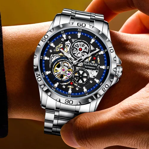 Vista 3 de Relojes automáticos para hombre, cuerda automática mecánica, esfera de esqueleto, resistente al agua a 30 ATM, con correa de acero inoxidable, reloj