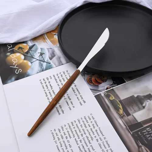Vista 6 de Juego de cubiertos de acero inoxidable con mango de efecto de madera Cubiertos pulidos con espejo plateado, utensilios de cocina para el hogar