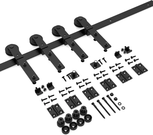 Vista 2 de Kit de rieles de puerta corrediza de granero de 108 pulgadas para 4 puertas, kit de herrajes para puerta de granero plegable resistente, fácil