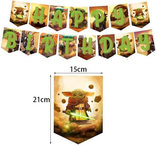 Vista 2 de Suministros de recuerdo de fiesta de Baby Yoda, decoraciones de cumpleaños para fiesta de bebé Yoda incluyen pancarta, adorno para pastel y globos