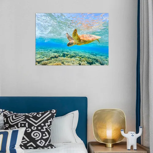 Vista 5 de Playa - Arte de pared del océano: tortugas marinas en un lienzo azul para decoración de baño, arte marino, tortuga hawaiana, decoración costera