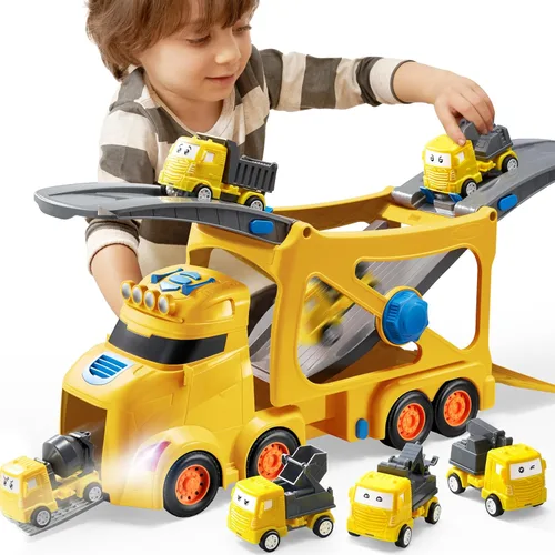 Vista 11 de Vroomix Camiones de Juguete Extra Grandes para Niños Pequeños, Camiones de Ciudad de 3 Niveles para Niños, Camión Transportador Grande 7 en 1