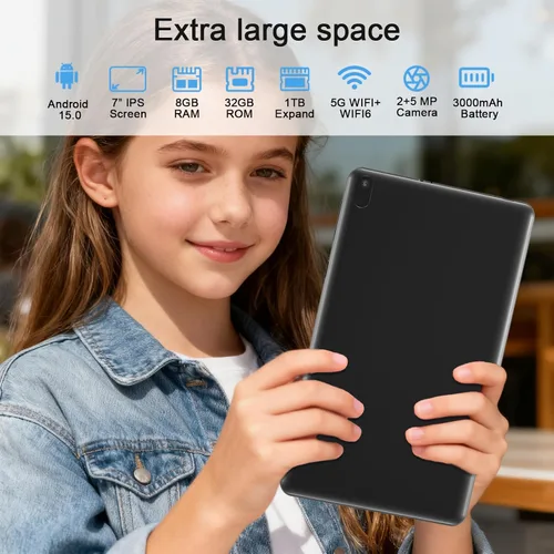 Vista 5 de Tablet Android 15 Tablets con funda 7 pulgadas, 8GB RAM, 32GB ROM soporte 1TB Expandir PC Tablet PC, procesador de cuatro núcleos, pantalla táctil