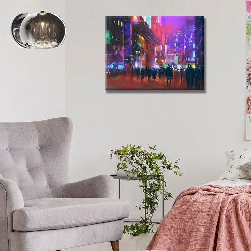 Vista 4 de LSIUHWUWI Future City Concept - Cuadro decorativo moderno para pared, impresión sobre lienzo Cyberpunk City Neon Streetview por la noche
