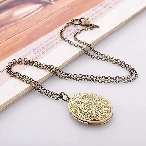 Vista 4 de SUKKCCNO Colgante ovalado personalizado con medallón de flores grabadas vintage, collar con colgante de imagen para mujeres y hombres