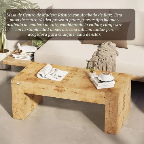 Vista 5 de COZAYH Mesa de café moderna de madera con acabado en buril, patas gruesas, mesa central rectangular para sala de estar, diseño elegante