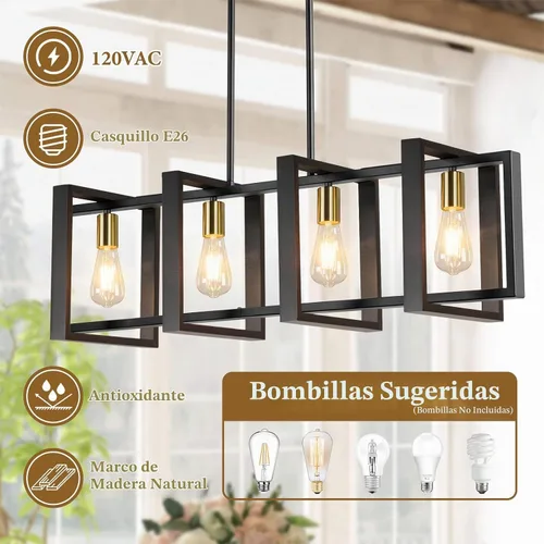 Vista 2 de Lámpara de comedor de 4 luces, lámpara de madera de granja de 53 pulgadas, iluminación de isla de cocina, sobre mesa, moderna lámpara colgante