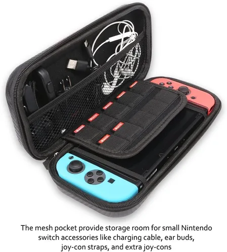 Vista 3 de TJS Case for Nintendo Switch with 2 Pack Tempered Glass Screen Protector Carbon Fiber Texture Hard Travel Carrying Case Shell Carry Pouch - Black