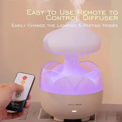Vista 4 de Humidificador portátil de gota de lluvia, difusor de aceite esencial en forma de nube, capacidad de 230 ml, control remoto, con luz nocturna