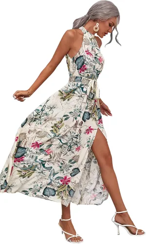 Vista 4 de Floerns Vestido largo sin mangas con cuello halter y estampado floral vintage para mujer