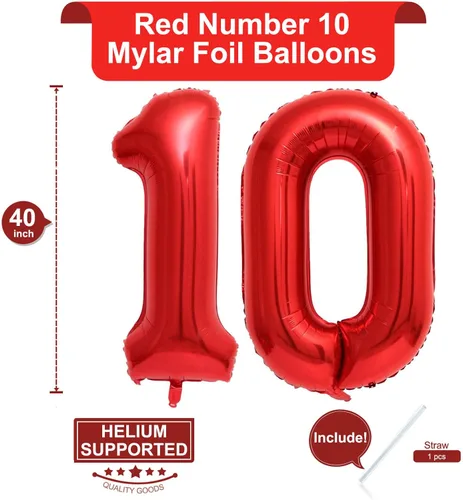 Vista 2 de Globos rojos de 40 pulgadas con el número 10, globos gigantes de 10 globos rojos de cumpleaños 10 globos rojos de cumpleaños 10 globos de 10.º