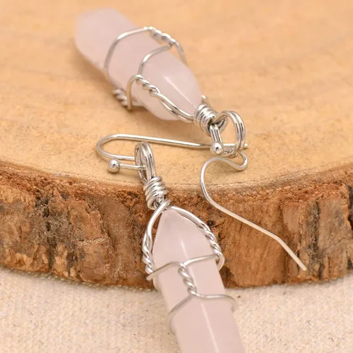 Vista 5 de Pendientes de cristal de punta envuelta en alambre de piedra pulida para mujer Reiki Energy Healing
