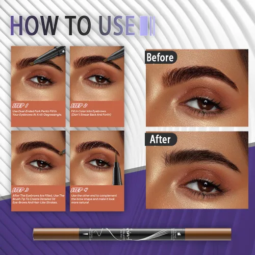Vista 6 de Pinkiou Lápiz de cejas Microblading - Lápiz de cejas 2 en 1 de doble punta con 4 puntas de tenedor y cepillo de precisión, negro