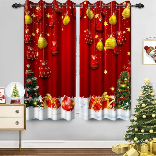 Vista 8 de Cortinas con adornos de Navidad impresos, cortinas para ventana de chimenea, calcetines de Navidad, árboles de Navidad, regalos, paneles opacos