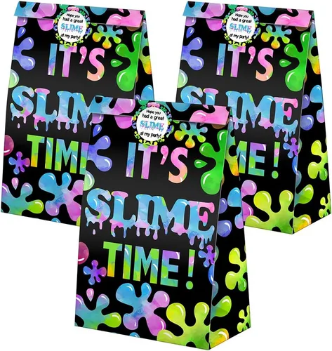 Vista 2 de 24 bolsas de golosinas de slime, bolsas de dulces con calcomanías, bolsas de regalo de limo con temática de limo para fiestas de cumpleaños