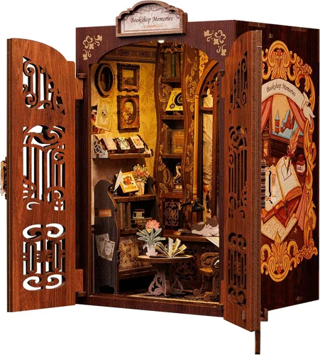 Vista 12 de CUTEBEE Rompecabezas de Madera 3D Caja de Música – Tiovivo Rincón de Libros DIY, Kit de Construcción de Modelo Mecánico Giratorio, Kit de Caja