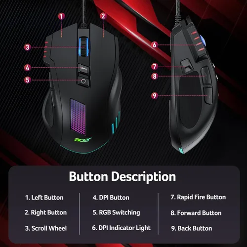 Vista 3 de acer Ratón para juegos con cable, mouse ergonómico RGB de 12,800 DPI con sensor óptico, 8 botones programables, 12 modos retroiluminados, software