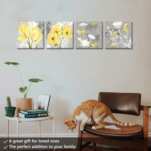 Vista 26 de Wall HDQ Arte de pared de flores para baño, dormitorio, sala de estar, decoración de pared azul y naranja, pintura floral, lienzo impreso, imagen
