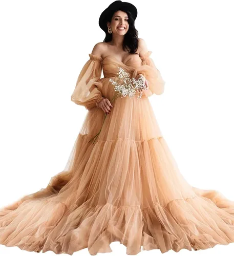 Vista 7 de Vestido de maternidad de tul hinchado para sesión de fotos, batas de manga larga, hombros descubiertos, lencería transparente, vestidos de baby
