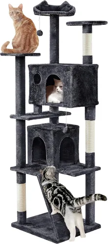 Vista 34 de Yaheetech - Torre de árbol para gatos de 62 pulgadas, torre para gatitos de interior, muebles para mascotas con doble refugio, postes para rascar