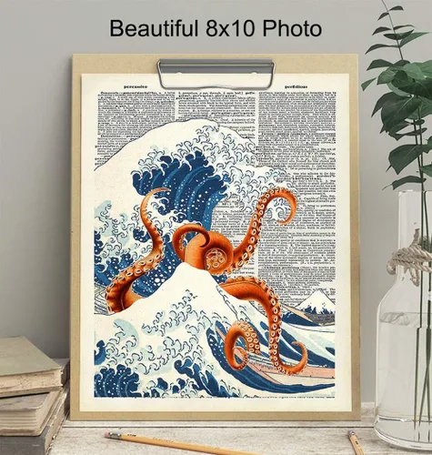 Vista 3 de Arte de Pared Decorativo Diccionario Pulpo Ola Kanagawa Japonés - Decoración Retro para el Hogar Reciclada de 8x10 pulgadas para Oficina