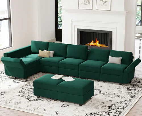 Vista 3 de Belffin Sofá modular de gran tamaño en forma de L con diván reversible convertible en forma de L, sofá seccional verde