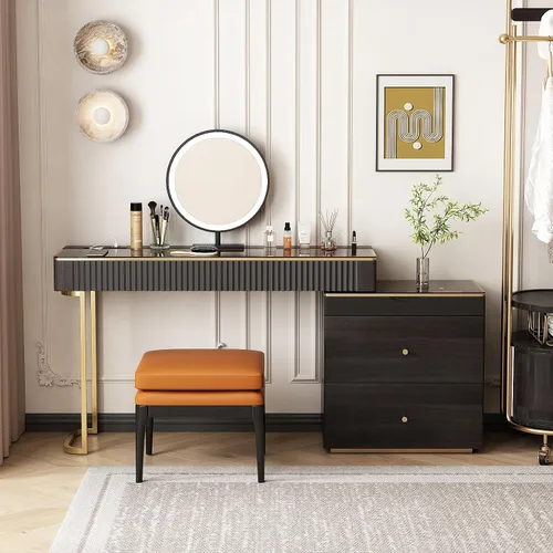 Vista 4 de Lartis Tocador de maquillaje con taburete, muy fácil de montar, combinación de gabinete de TV retráctil, tocador en uno, súper almacenamiento