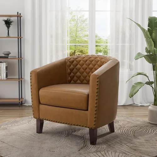 Vista 36 de Pia Ricco Silla de Acento Tipo Barril de Cuero Sintético, Silla de Club Moderna con Brazos, Cómoda Silla Individual Tapizada con Patas de Madera