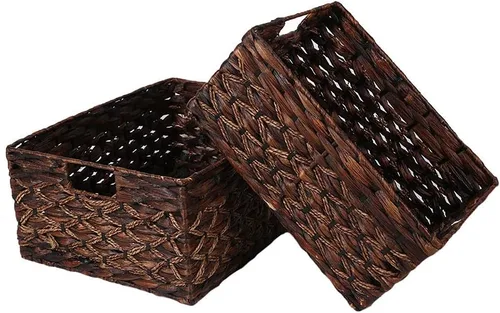 Vista 3 de Cesta rectangular tejida de jacinto de agua, cesta de almacenamiento oscura con asas interiores, estantes de cocina, escritorio de oficina