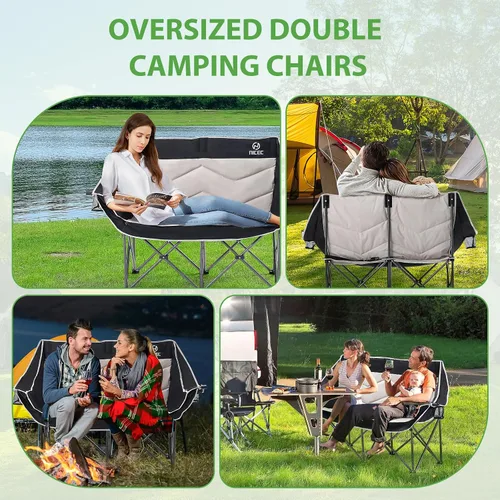Vista 8 de Nice C Silla de camping biplaza, silla de campamento doble, sofá de campamento al aire libre, banco plegable de gran tamaño, silla plegable