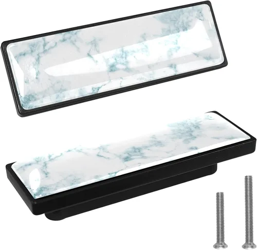 Vista 9 de LORVIES Paquete de 4 pomos decorativos de mármol de 3.6 pulgadas para gabinete, vidrio ABS largo rectangular negro, manijas de puerta de cajón