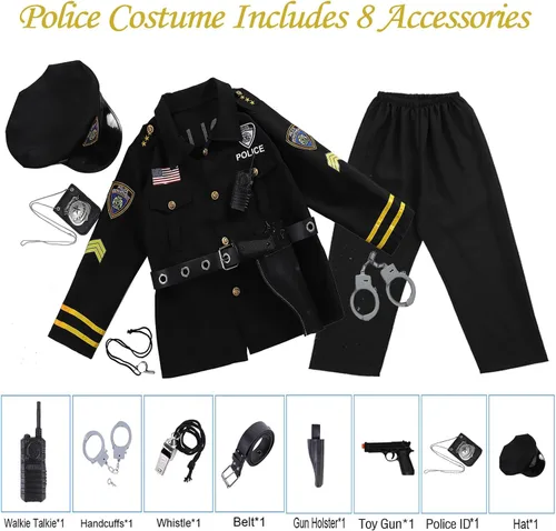 Vista 5 de Disfraz de oficial de policía para niños, disfraz de policía para niños, camisa de policía, pantalones, sombrero, cinturón, fiesta de cosplay