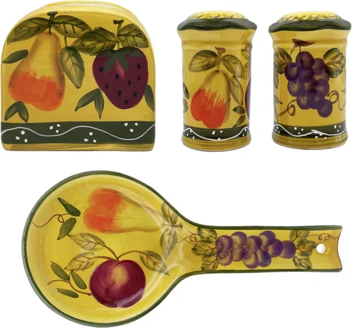 Vista 8 de Country Sunflower Painted Stove Top Set, salero y peper shaker, servilletero, cuchara resto 83025/28 by ACK Girasol país