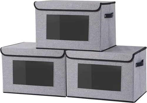 Vista 12 de Cajas de almacenamiento plegables con tapas, organizadores de armario de lino, contenedores de almacenamiento de 10.2 x 7.8 x 6.7 pulgadas para Beige