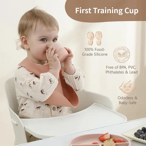 Vista 6 de Moonkie Baby Cup Duo Taza abierta para bebés + taza de entrenamiento con pajita Tazas infantiles de silicona para destete y autoalimentación