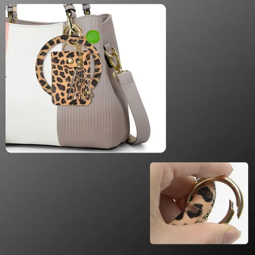 Vista 4 de Llavero-brazalete, brazalete de cuero con borla para mujer, Leopardo., S