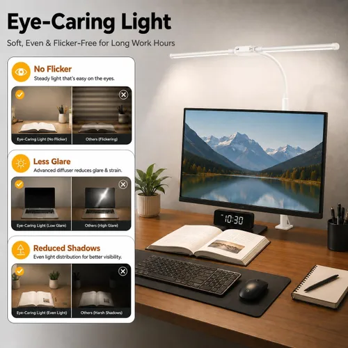 Vista 4 de Lámpara de escritorio LED con abrazadera, luz de arquitecto ajustable de doble cabeza, lámpara de escritorio para monitor de cuidado de los ojos