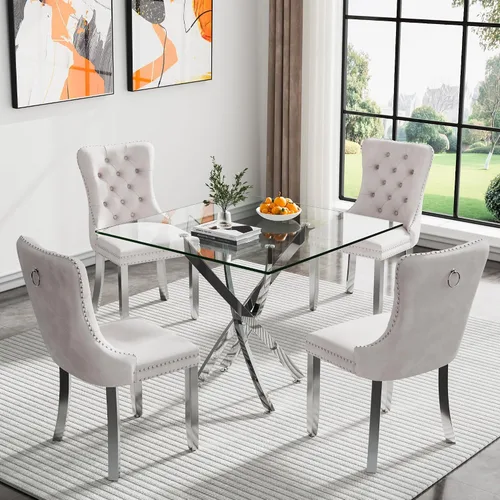 Vista 41 de Juego de mesa de comedor SSLine moderno de 3 piezas con mesa redonda de vidrio para 2, lujosa mesa de comedor circular de 36" con tapa de vidrio