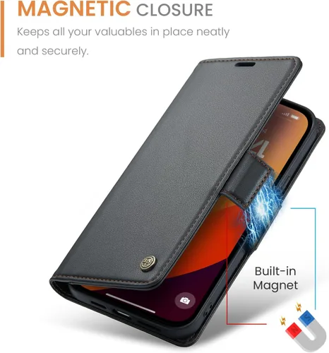 Vista 5 de SINIANL - Funda tipo cartera para iPhone 15 con bloqueo RFID, color negro Magnetic Clasp Leather Book Folio, Shockproof Protective Card Holder