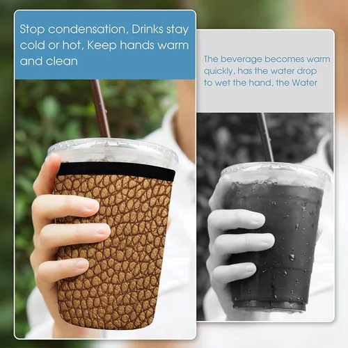 Vista 5 de Golden Leather Texture Reusable Insulated Neoprene Iced Coffee Cup Sleeves 3 Sizes Diving Material Cup Durable Beverage Covers for Cold Coffee Tea