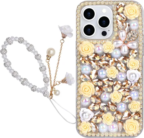 Vista 16 de para iPhone 14 Pro - Funda con Purpurina y Diamantes de Imitación, de Lujo, con Cristales Brillantes, Flores de Rosa, Perlas Florales, Pulseras